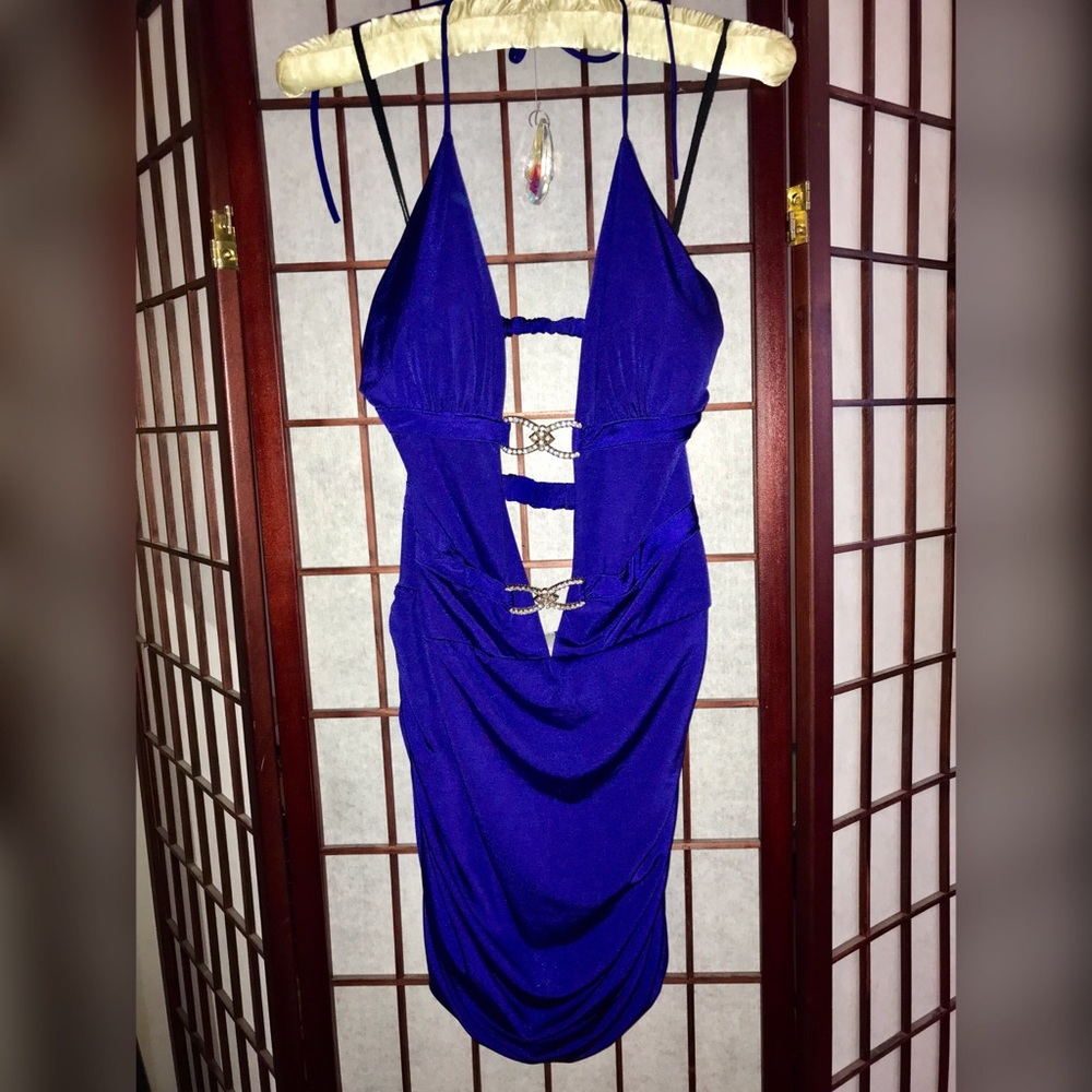 Royal blue plunge halter dress with cut out back